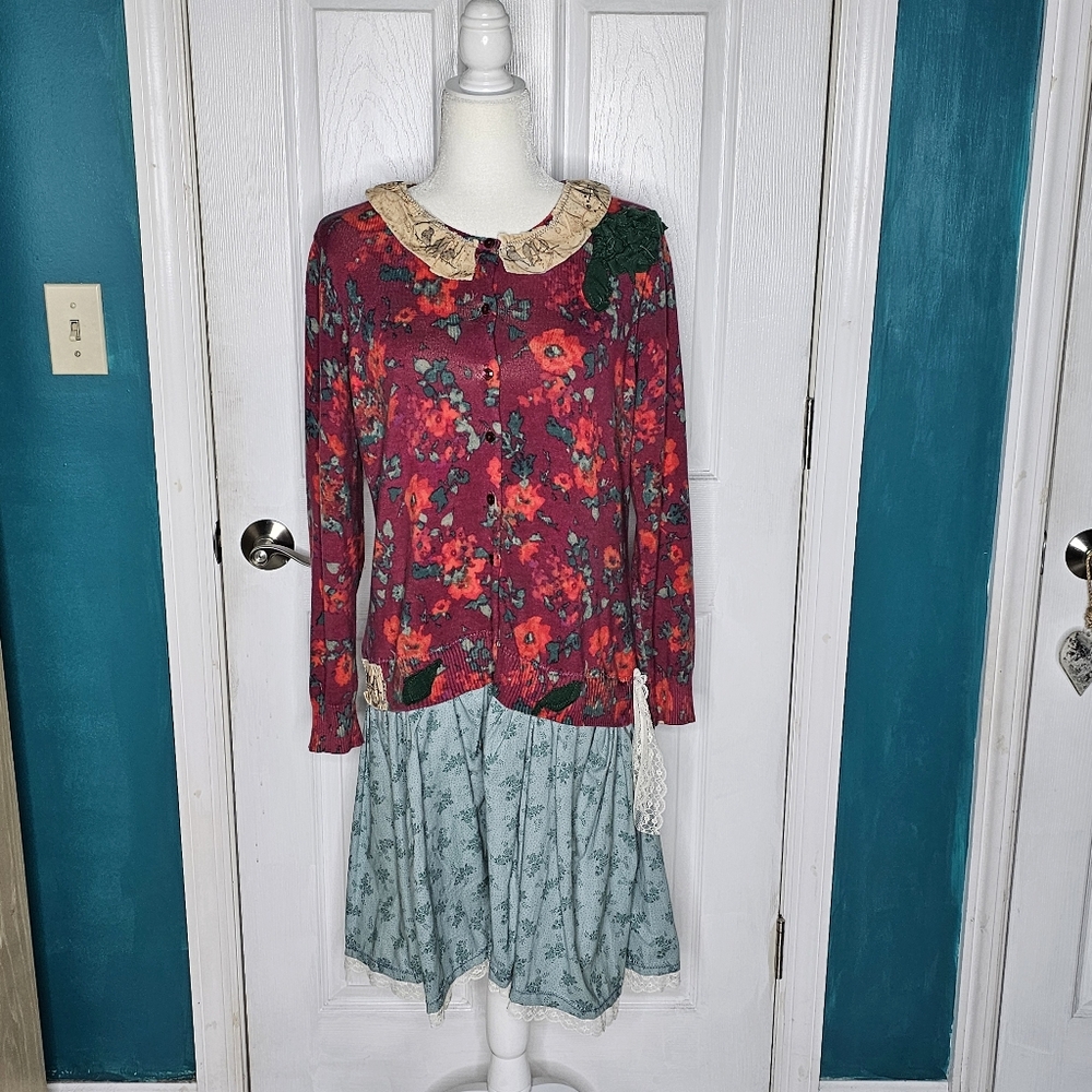 Handmade Cranberry/Evergreen Floral Long Sleeve Jacket/Dress with Lace Collar